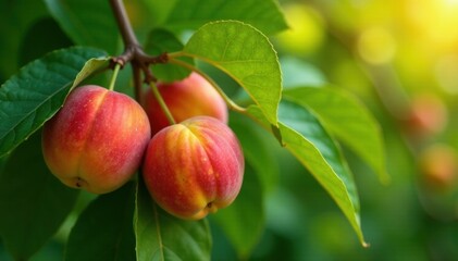 Obraz premium Several plump apricots nestled amongst vibrant leaves , ingredient, leaf