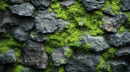 Dark Grey Stone Wall Covered With Bright Green Moss Texture