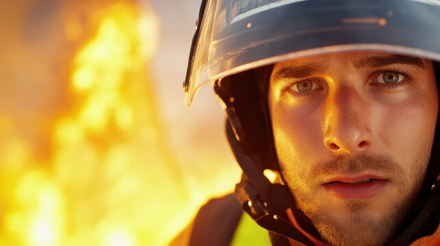 Young Firefighter In Action Near Blazing Fire.