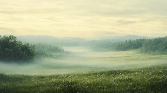 Serene landscape of rolling meadows veiled in morning mist
