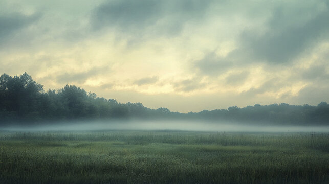 Serene landscape of rolling meadows veiled in mist at dawn