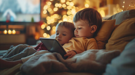 Two young children focused on a tablet in a cozy, lit room.