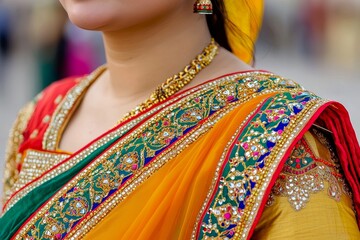 Obraz premium A vibrant traditional outfit showcasing intricate embroidery and colorful fabrics, highlighting cultural heritage and fashion.