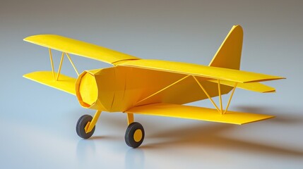 A vibrant yellow model airplane displayed against a neutral background, showcasing its detailed design and craftsmanship.