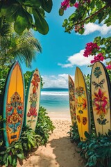  A tropical beach scene with colorful surfboards standing on golden sand under a bright blue sky