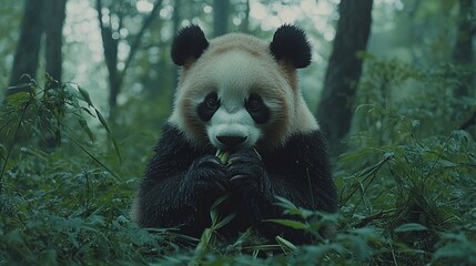 Obraz premium A giant panda peacefully eating bamboo in a lush green forest surrounded by trees