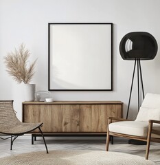 Modern living room interior with wooden cabinet, armchair, pampas grass, and empty frame.