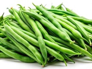 Obraz premium High-resolution image: fresh green beans against a stark white background, ideal for culinary or healthy eating themes.