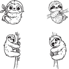 Adorable Sloth Silhouette Set - Hanging and Resting Poses in Black and White