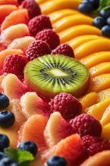A vibrant close-up shot of a colorful assortment of fresh fruits arranged in a visually appealing pattern.