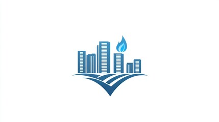City skyline logo with flame, urban symbol, abstract design, business concept