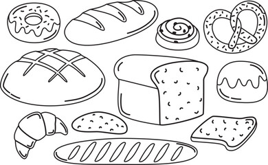 Set of different types of bread and bakery products. Simple elements in doodle style.