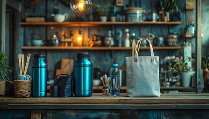 Naklejka premium Teal Thermos Bottles and Reusable Tote Bag on Rustic Kitchen Counter