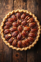  Freshly baked pecan pie with a golden crust and caramelized filling on a rustic wooden table.