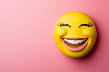 Fototapeta premium A cheerful yellow smiley face with a wide grin and eyelashes against a pink background, radiating joy and positivity.