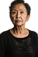 Obraz premium Older woman with serious expression isolated on white background, ethnic senior portrait, mature female model, natural lighting, emotional expression, age diversity.