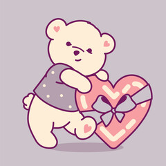 Adorable pastel teddy bear hugging a heart with a tied bow ribbon. A sweet and charming vector illustration for baby showers, Valentine's Day, greeting cards, nursery decor, and children's designs