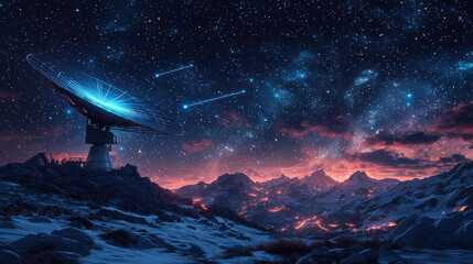 Giant satellite dish on mountain peak transmitting blue data beams under starry sky