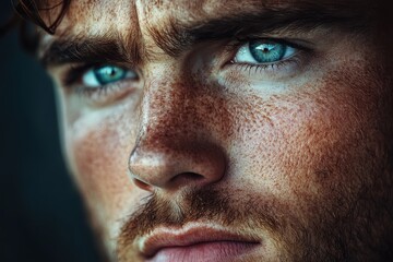 Obraz premium Intense close-up of a young man with striking blue eyes and facial hair captured in soft lighting, highlighting texture and depth of expression
