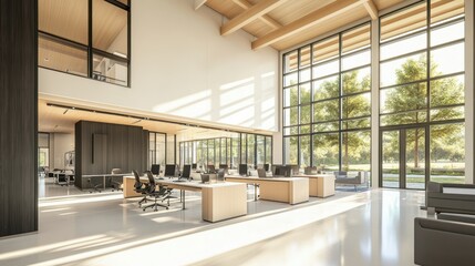 Modern office interior design, sunlight, trees outside, open plan workspace