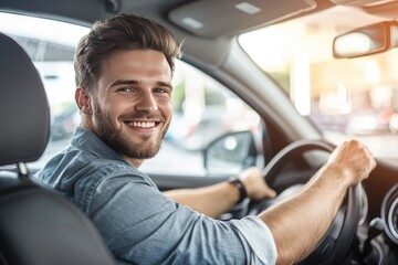A happy man is driving a new car at a showroom, looking over his shoulder and smiling at the camera while sitting in the driver's seat of his vehicle