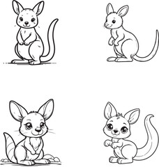 Cute Cartoon Kangaroo Silhouettes in Playful Poses - Black and White Line Art
