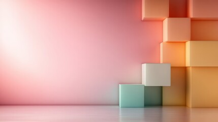 An artistic arrangement of pastel-colored blocks against a soft pink background, showcasing a minimalist style that emphasizes simplicity and modern design elements.