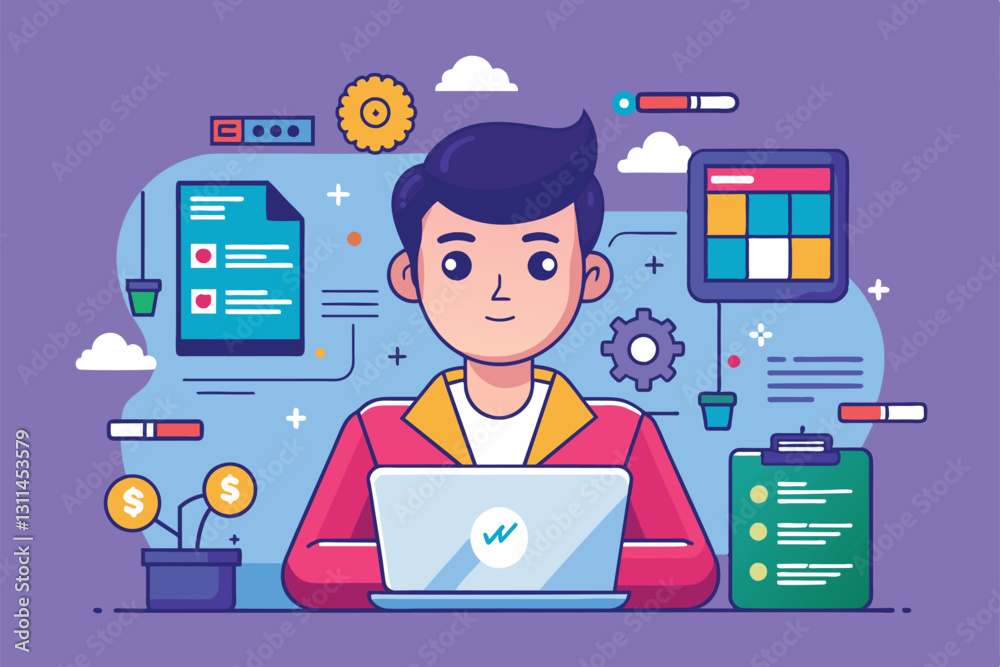 Poster a focused programmer engages with a laptop surrounded by colorful design elements and documents, pro