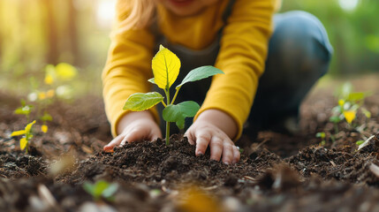 Child plants tree in community garden to promote sustainability and environmental awareness
