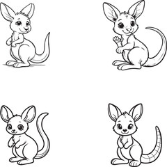 Cute Cartoon Kangaroo Silhouettes in Playful Poses - Black and White Line Art