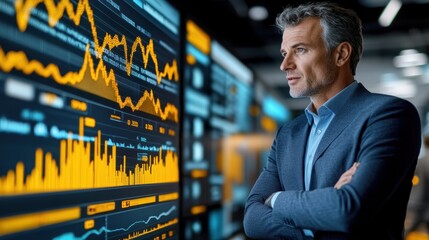 Man in suit standing in front of large screen displaying financial graphs and data analysis in modern office setting