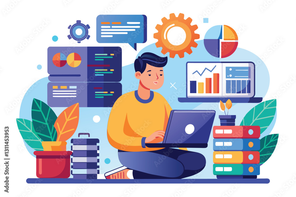 Aufkleber a focused programmer maintains big data systems and analyzes databases on his laptop in a modern off