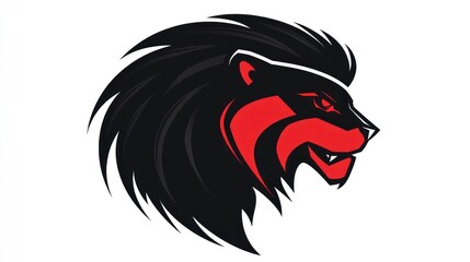 Red and black lion head mascot, profile view, white background, logo design
