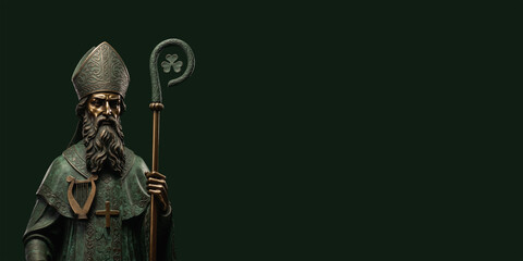 Obraz premium Saint Patrick bronze statue holding shamrock staff, cross, Celtic harp on dark green studio background with copy space. Saint Patrick's day horizontal banner. Apostle of Ireland.