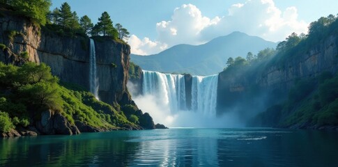 Steep cliff face, multiple tiered falls plunging into a lake , untamed, high, secret