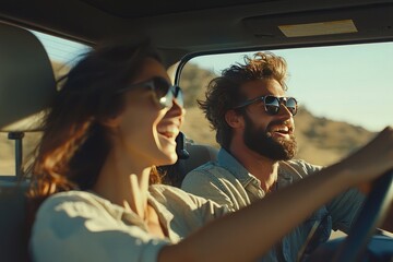 Happy young couple in casual driving a car and laughing on a road trip, enjoying their travel vacation together
