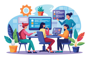 Fototapeta premium A group of programmers engages in collaborative coding at a desk in a bright, modern office setting, programmers learn programming through computers on websites