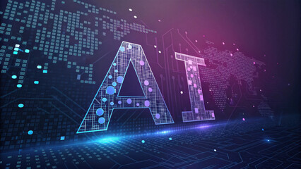 Futuristic digital representation of AI composed of binary code and geometric patterns, set against world map background