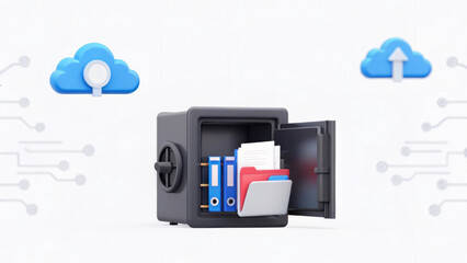 digital safe with documents symbolizes secure cloud storage, surrounded by cloud icons and circuit patterns, representing data protection and cloud based file storage