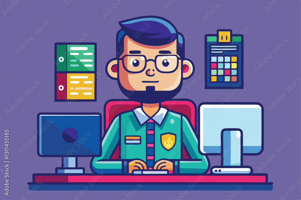 Poster a programmer sits at a desk focusing on tasks, surrounded by colorful notes and two computer screens