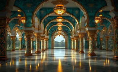 Obraz premium Lavishly Ornate Interior with Intricate Arches and Golden Accents Leading to a Serene Outdoor View