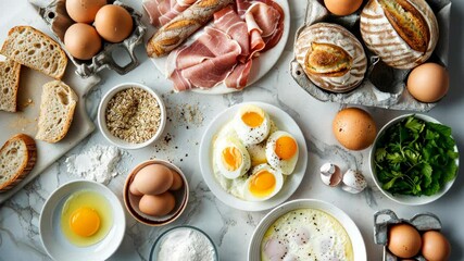 Delicious breakfast layout includes eggs, bread, meats, and greens arranged attractively on a kitchen countertop