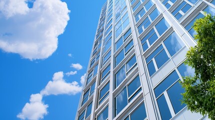 A modern high-rise building with large glass windows, surrounded by greenery and under a clear blue sky.
