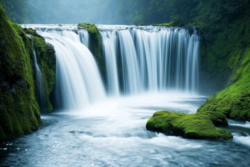Fototapeta premium Waterfall stream untouched concept. Majestic waterfall cascading over lush green mossy rocks in a serene landscape.