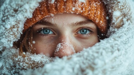 A close-up portrait of a woman smiling warmly, wrapped in cozy winter clothing, surrounded by soft snowflakes, embodying the beauty of winter and joy in the cold.