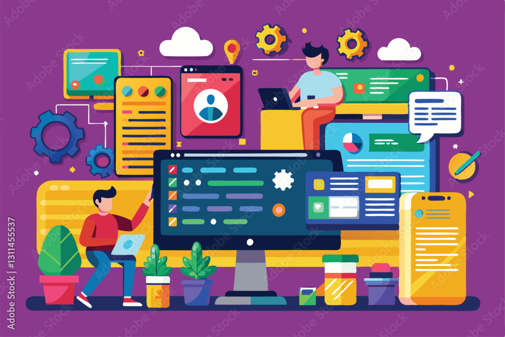Poster a vibrant illustration displays individuals engaged in programming with customizable software tools,