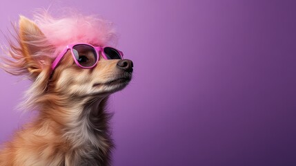 A cute dog with fluffy pink hair wearing oversized retro sunglasses, positioned against a soft purple background, showcasing a playful blend of style and character.