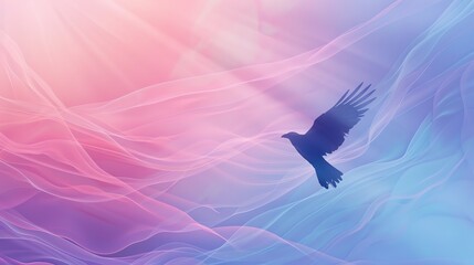 A bird silhouette flies through a dreamy sky with soft, flowing pastel colors.