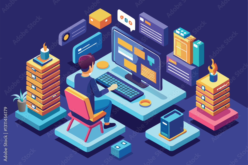 Poster a person engaged in programming at a desk surrounded by vibrant isometric elements like screens and 
