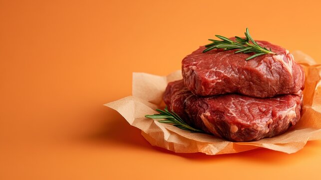 A pair of enticing raw beef fillets elegantly placed on crumpled paper and garnished with rosemary, showcasing a splendid composition for food lovers and culinary art.
